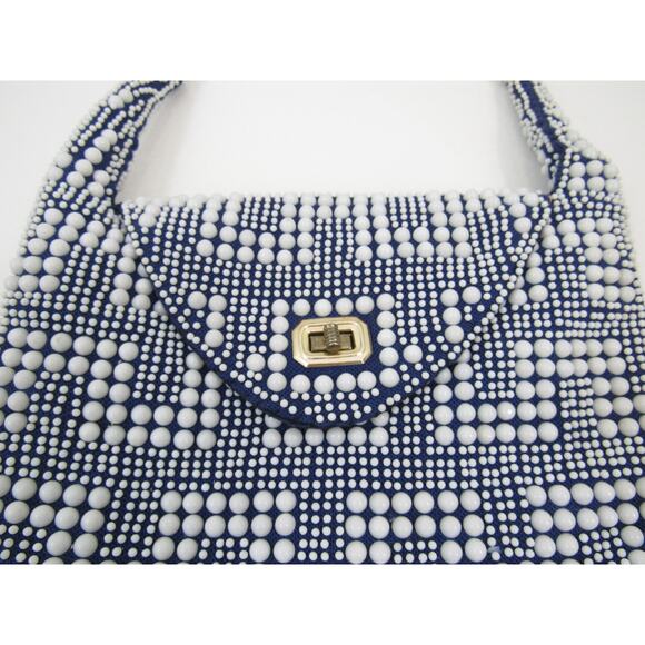 Vintage Navy & White Beaded Geometric Pattern Purse Hand Made Hong Kong 1960s - Picture 4 of 6